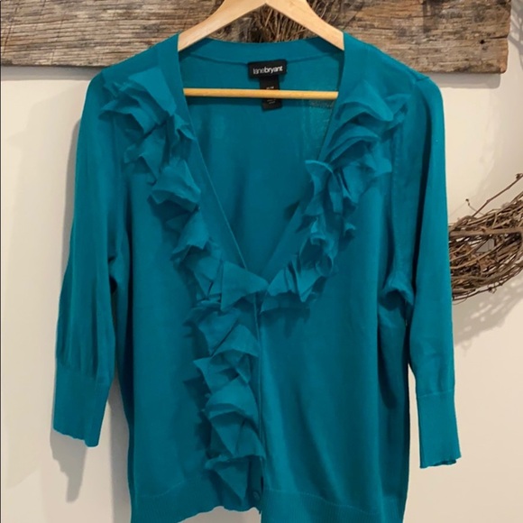 Lane Bryant Sweaters - 💕Lane Bryant teal cardigan with ruffle, Size 14/16